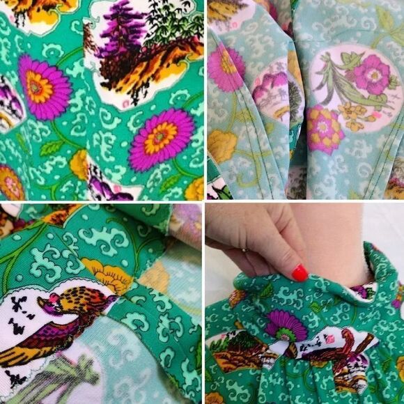 VTG 60s Handmade Green Groovy Floral Print High Neck Maxi Dress Large - Picture 12 of 16